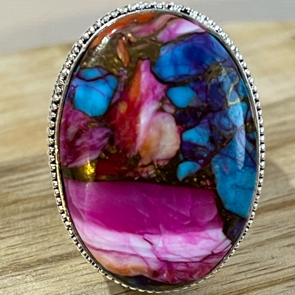 PINK DAHLIA TURQUOISE 925 SILVER OVERLAY GEMSTONE RING SIZE 10 - Picture 8 of 8